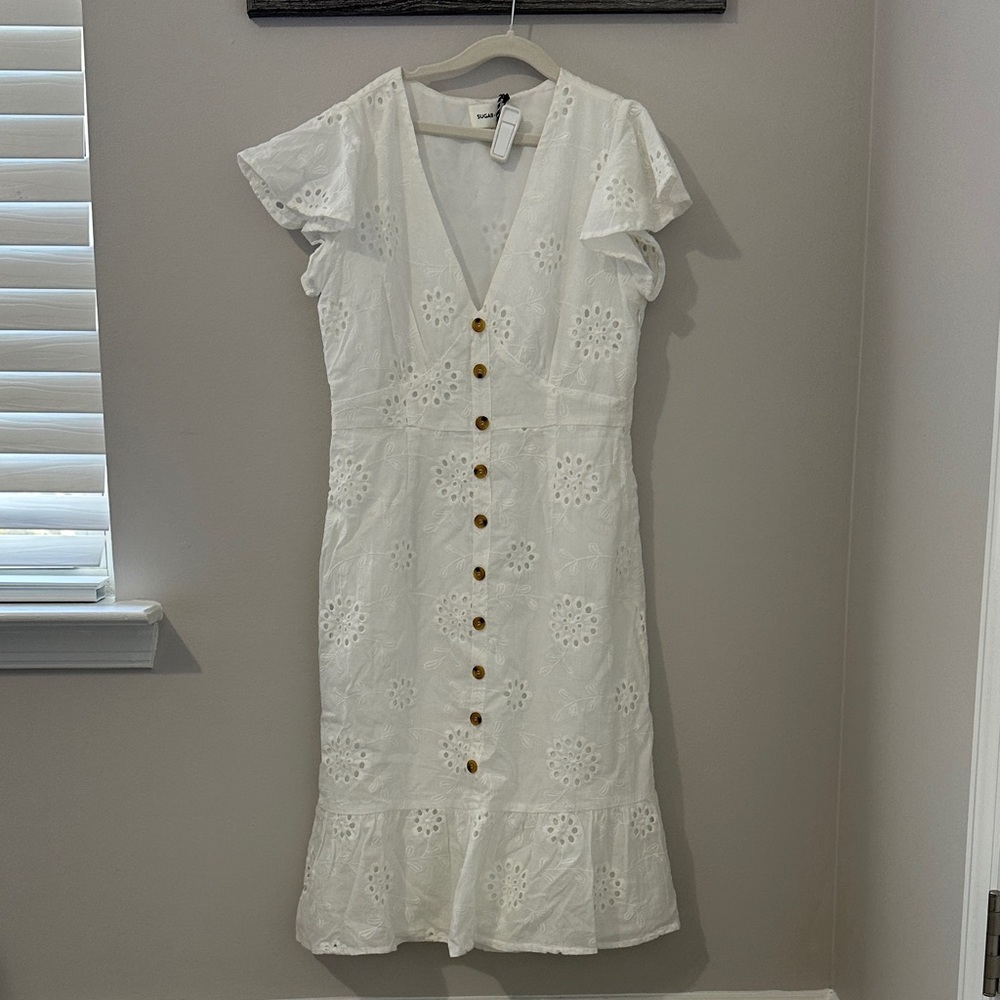 Sugarlips White Eyelet V-Neck Button Midi Dress